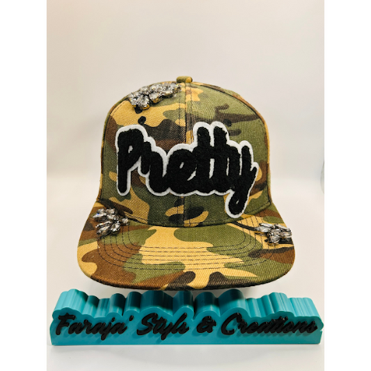 Camo Snapback Hat with Black Chenille “Pretty” Patch & Black/Gray Crystal Appliqué | Pretty Girl Collection