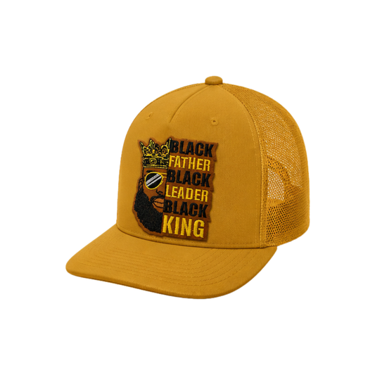 Black Father Leader King Patched Snapback Hat | Black Dad Pride Trucker Cap- Golden Brown