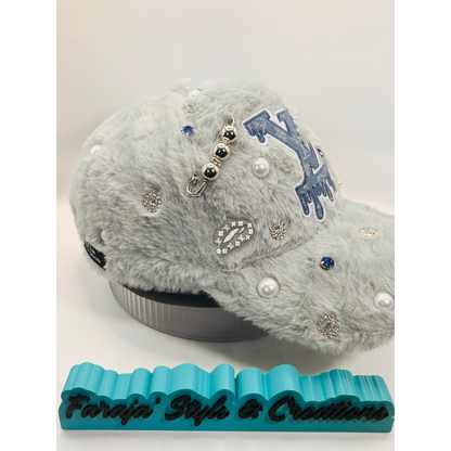 Silver Furry Luxury Junk Trucker Hat | Patches, Pins, Rhinestones & Pearls Brooches