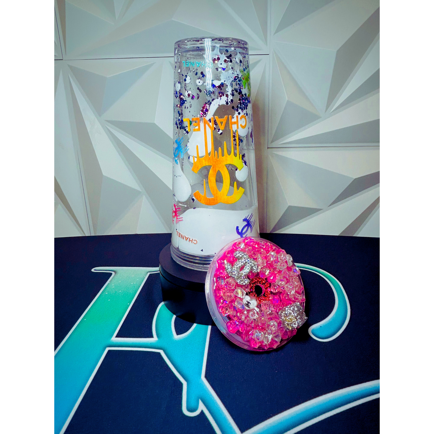 24oz Chanel Coco-Inspired Lava Snow Globe Tumbler | UV DTF Wrap | Iced Luxury Charmed Lid
