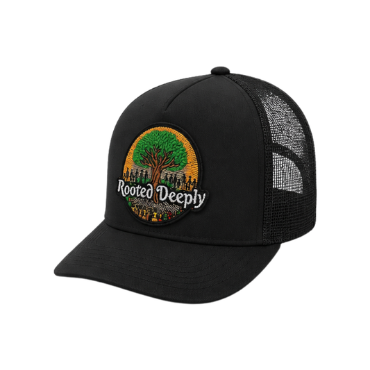 Rooted Deeply Patched Snapback Hat | Faith & Strength Trucker Cap - Black