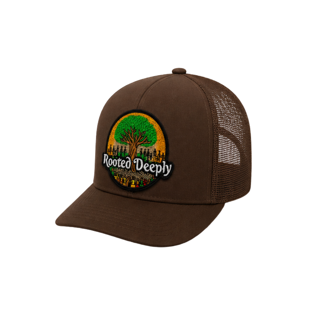 Rooted Deeply Patched Snapback Hat | Faith & Strength Trucker Cap - Brown