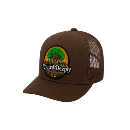 Rooted Deeply Patched Snapback Hat | Faith & Strength Trucker Cap - Brown