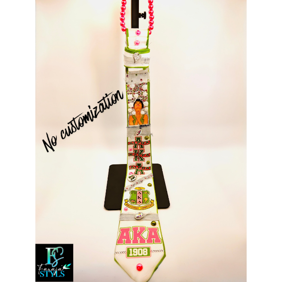 AKA Premade Junk Tie – Alpha Kappa Alpha Statement Tie with Patches, Pins & Bling
