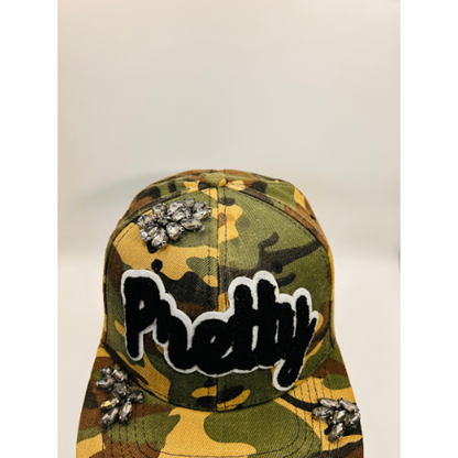 Camo Snapback Hat with Black Chenille “Pretty” Patch & Black/Gray Crystal Appliqué | Pretty Girl Collection