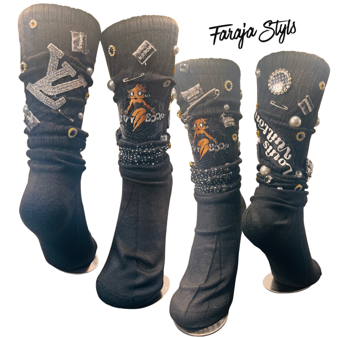 Custom Junk Slotch Socks with Patches, Pearls & Rhinestones | Personalized Glam Socks | Handmade Fashion Statement