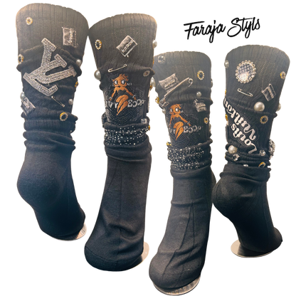 Custom Junk Slotch Socks with Patches, Pearls & Rhinestones | Personalized Glam Socks | Handmade Fashion Statement