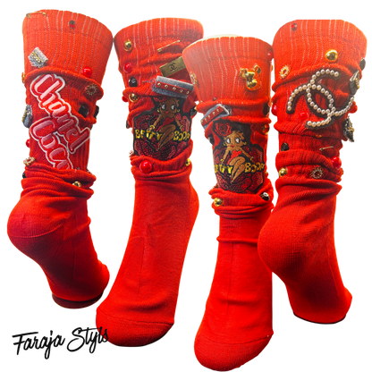 Custom Junk Slotch Socks with Patches, Pearls & Rhinestones | Personalized Glam Socks | Handmade Fashion Statement