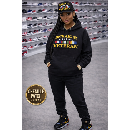 Sneaker Veteran Chenille Patch Hoodie – Streetwear Pullover with Kangaroo Pocket