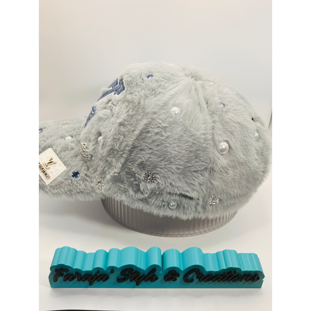 Silver Furry Luxury Junk Trucker Hat | Patches, Pins, Rhinestones & Pearls Brooches