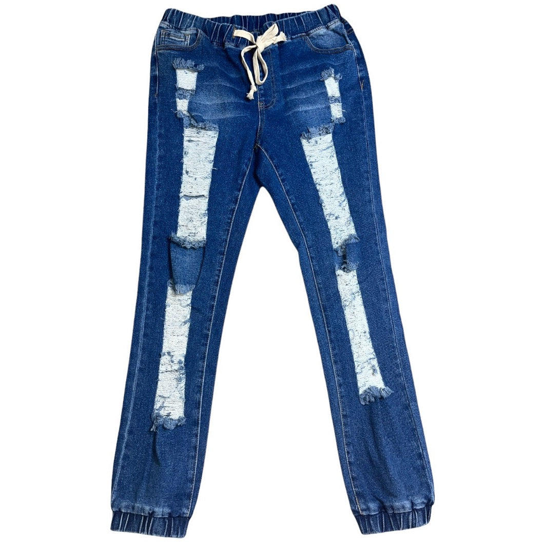 Distressed High Rise Jogger Stretch Jeans