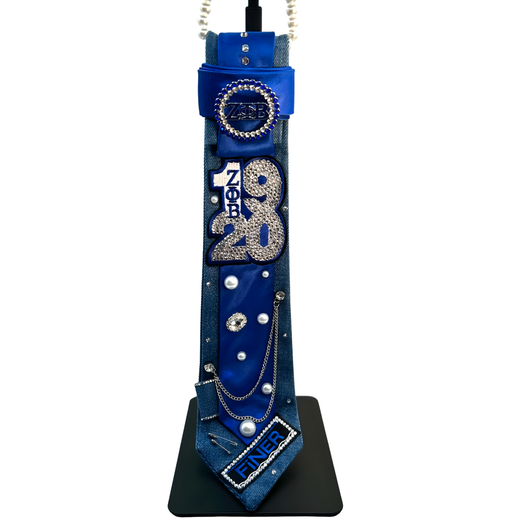 Zeta Denim Premade Junk Tie  Blue & White Greek Statement Tie with Bling & Patches