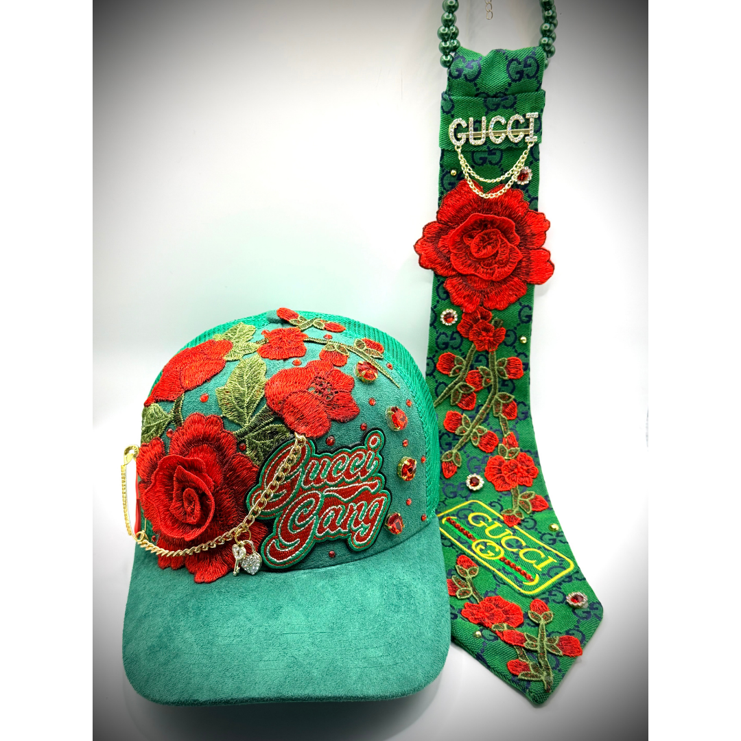 Suede Luxury Flowers & Bling Junk Trucker Hat & Matching Junk Tie Set  | Ready to Ship