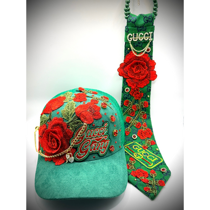 Suede Luxury Flowers & Bling Junk Trucker Hat & Matching Junk Tie Set  | Ready to Ship