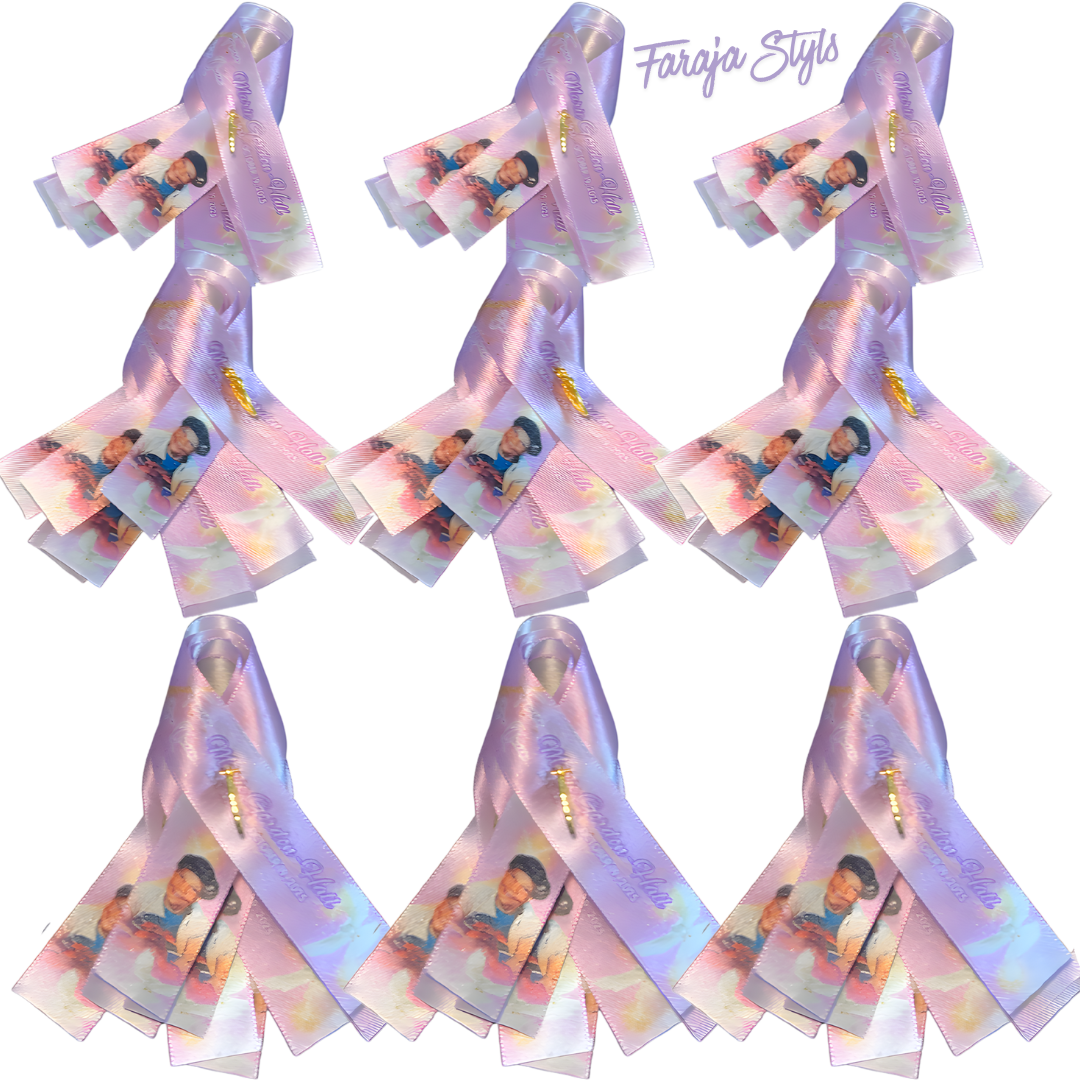 Custom Memorial Ribbons | Personalized Funeral & Celebration of Life Ribbon Keepsakes | Add Name, Dates, Rhinestones, Pearls or Charms