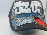 They Not Like Us Custom Junk Trucker Hat | Rhinestones, Patches, Denim & Pearls