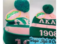 AKA Junk Pink/Green Pom Pom Beanie | Patched, Pinned, Stoned & Pearled | Custom Alpha Kappa Alpha Winter Hat