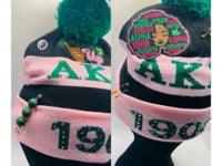 AKA Junk Pink/Black Pom Pom Beanie | Patched, Pinned, Stoned & Pearled | Custom Alpha Kappa Alpha Winter Hat