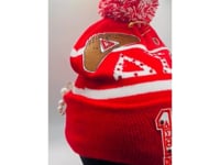 Delta Sigma Theta Junk Red/ White Pom Pom Beanie | Patched, Pinned, Stoned & Pearled | Custom DST Winter Hat