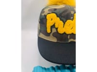 Camo Snapback Hat with Golden Yellow Chenille “Pretty” Patch & Pom Pom Ball | Pretty Girl Collection