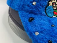Royal Blue Furry Luxury Cookie Monster Junk Trucker Hat | Luxury Patches, Pins, Rhinestones & Pearls
