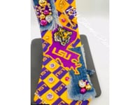 LSU Premade Junk Tie – Purple & Gold Statement Tie with Patches, Pins & Embellishments